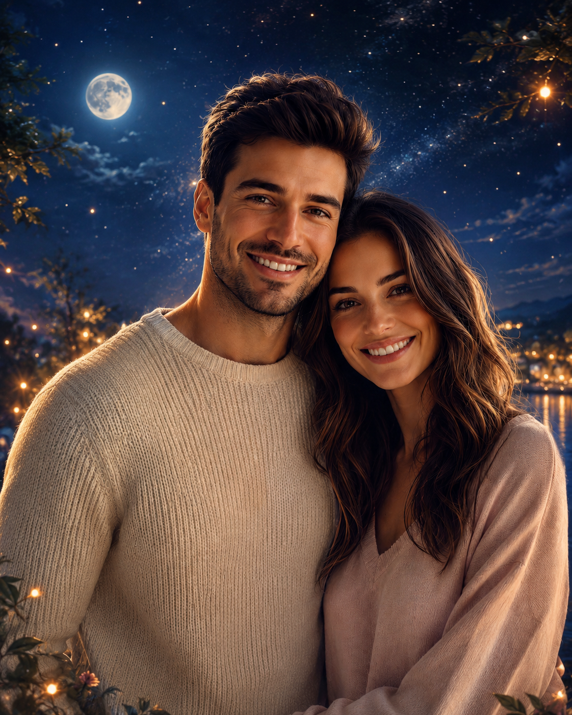 Couple under a starry moonlit night