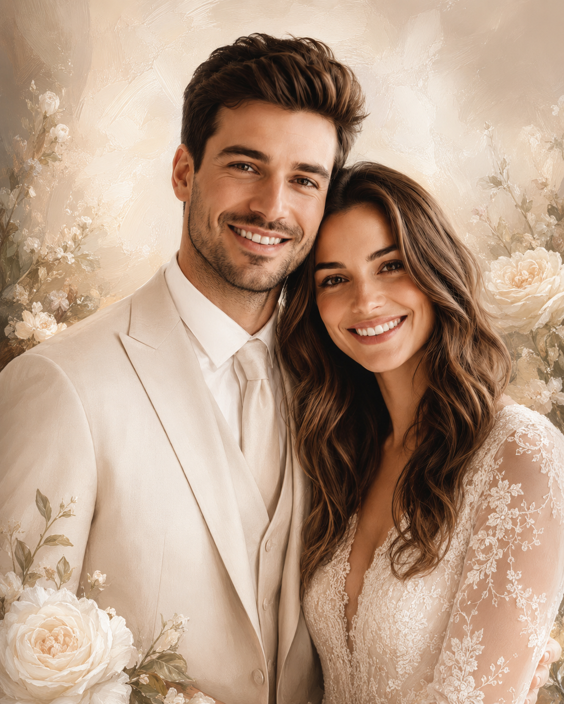 Couple in elegant wedding attire surrounded by roses